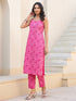 Janasya Women's Pink Pure Cotton Floral Printed Straight Kurta Pant Set